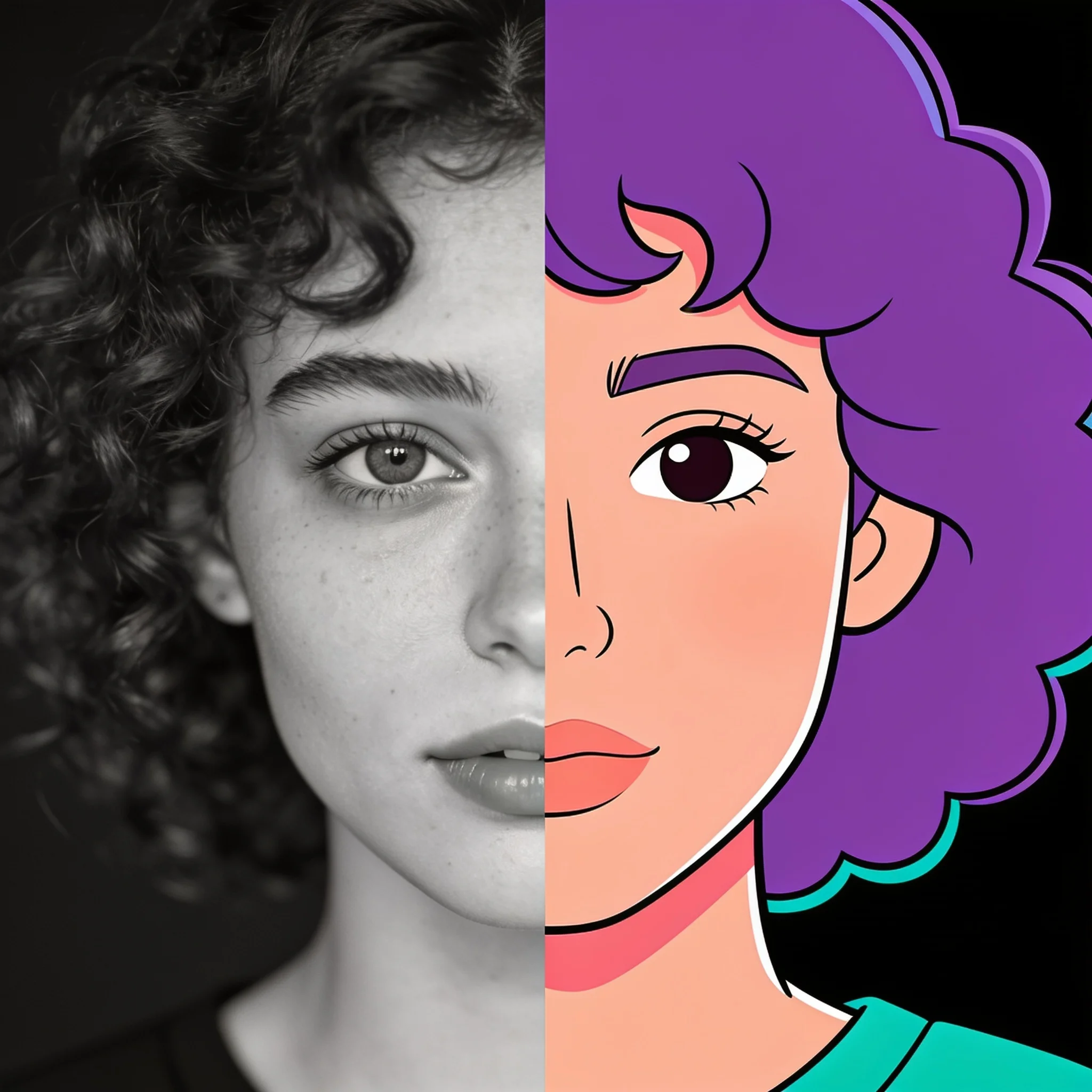A portrait redrawn as flat 2D cartoon art with a violet and teal palette