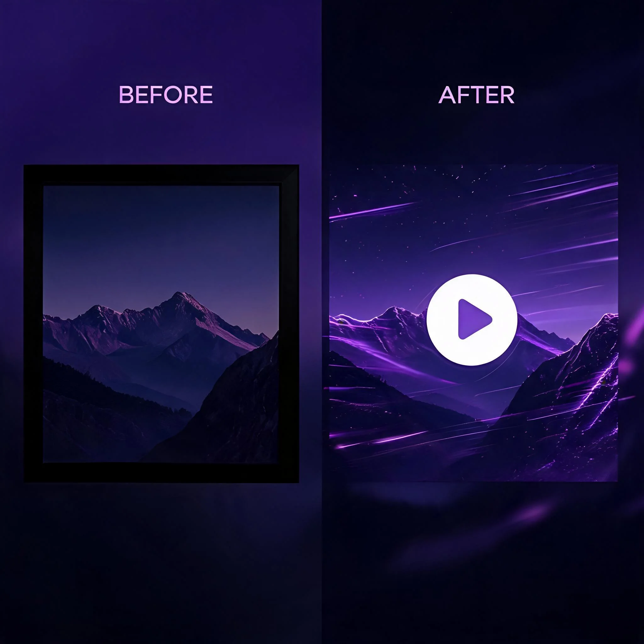 Before and after comparison showing a static photo transformed into an animated AI video clip