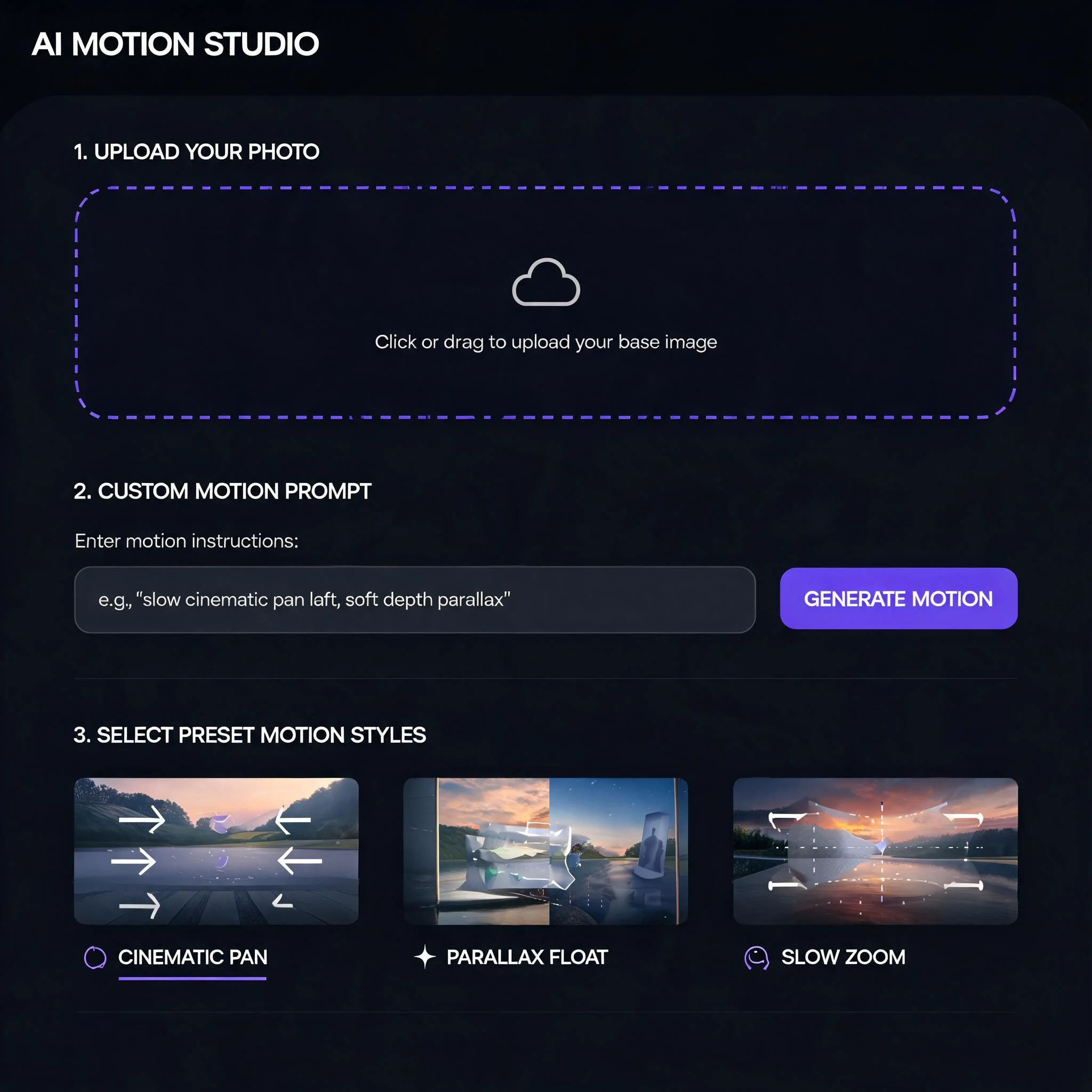 Web app interface showing image upload, motion prompt input, and style selector