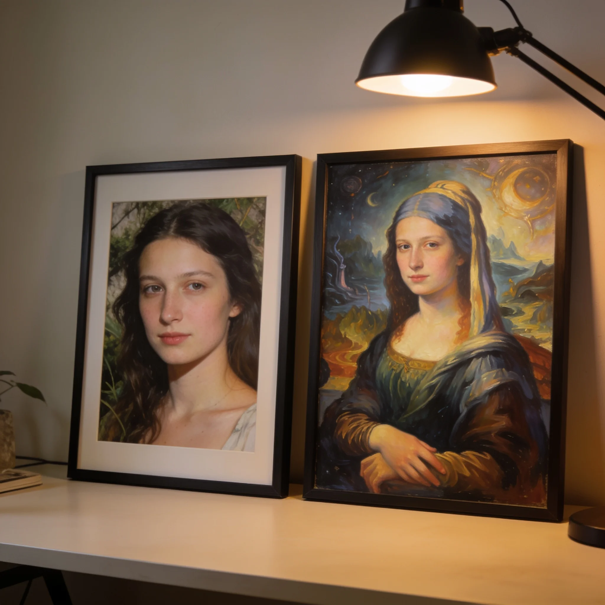 The same portrait shown as a natural photograph and as a restyled cinematic print