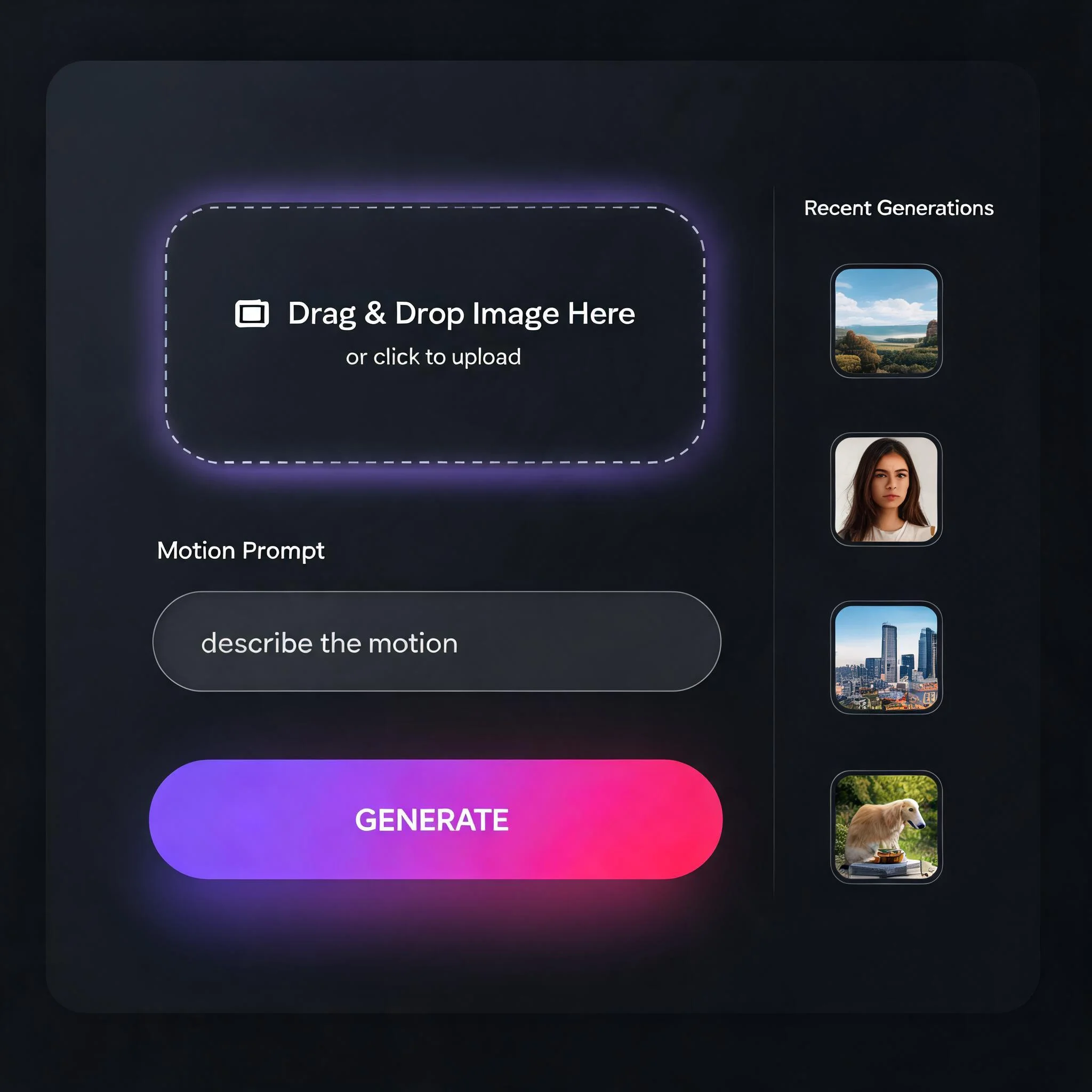 DreamUtopia AI image to video generator interface with drag-and-drop upload and a motion prompt field