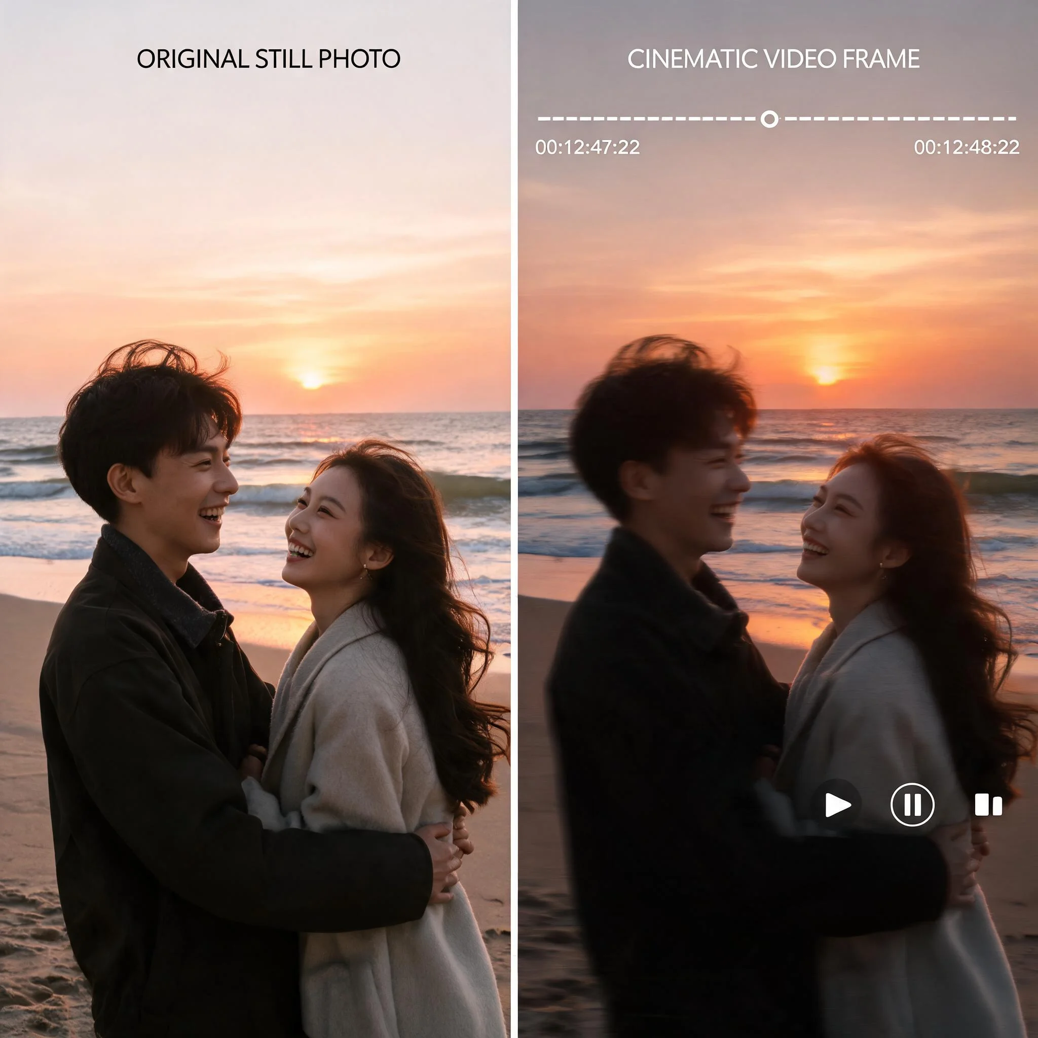 Split view of a still photo beside the same image rendered as an AI-generated video