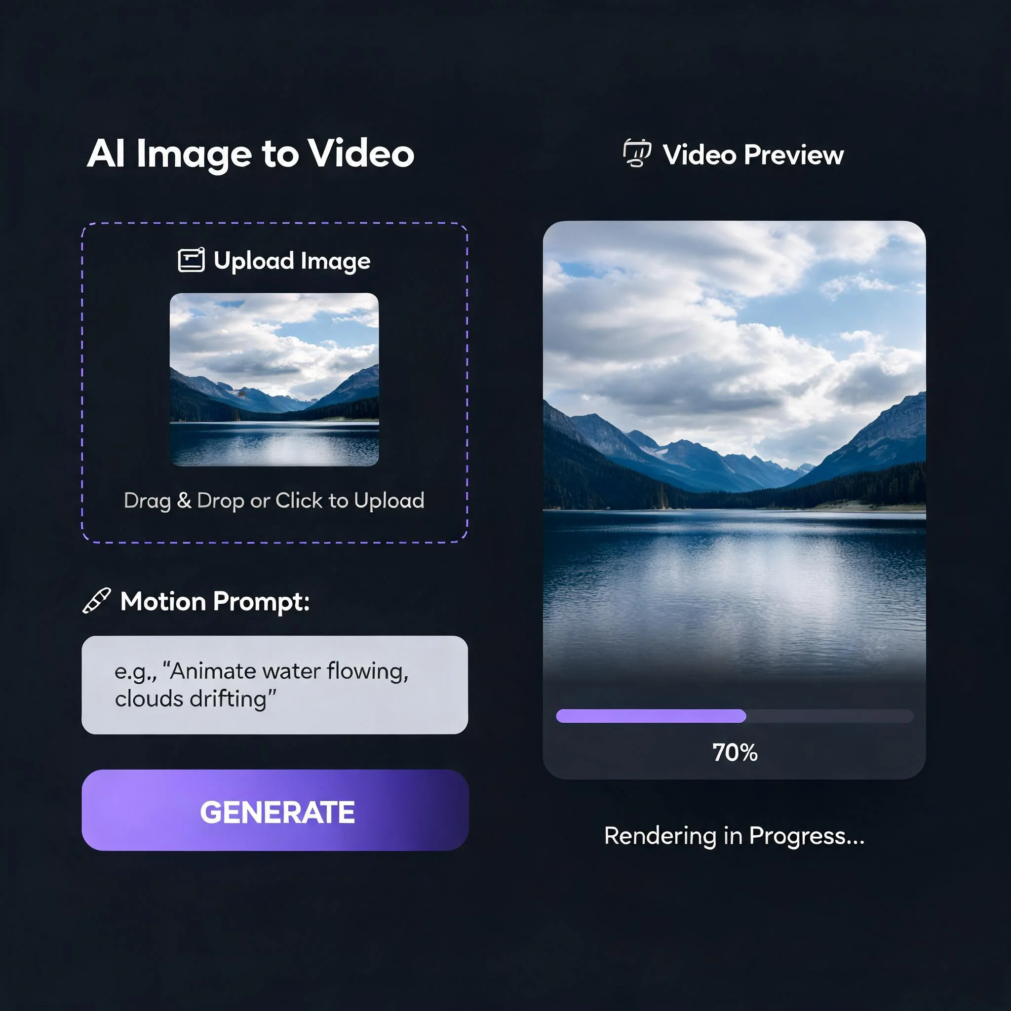 AI image to video converter interface showing a photo upload, a motion prompt field, and a video preview rendering