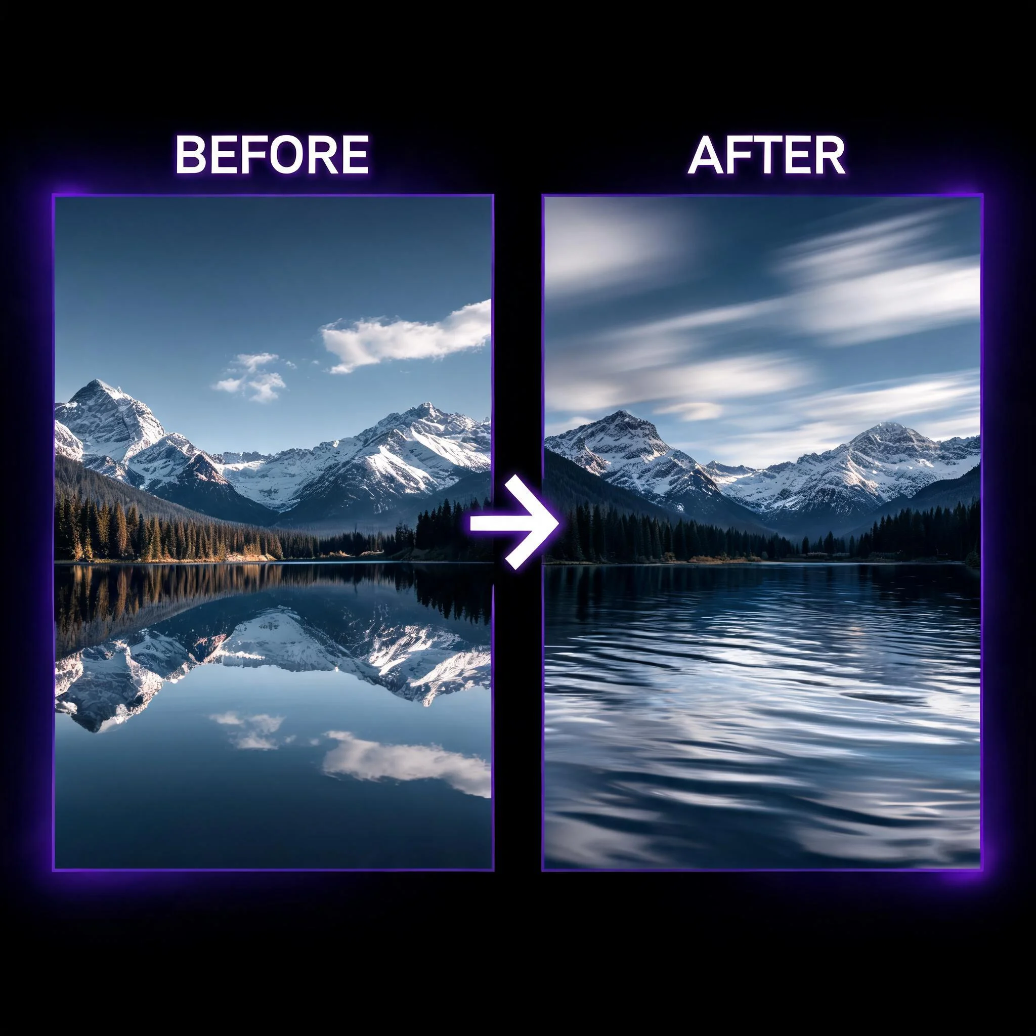 Before and after comparison of a still photo and the same scene rendered as a video with motion