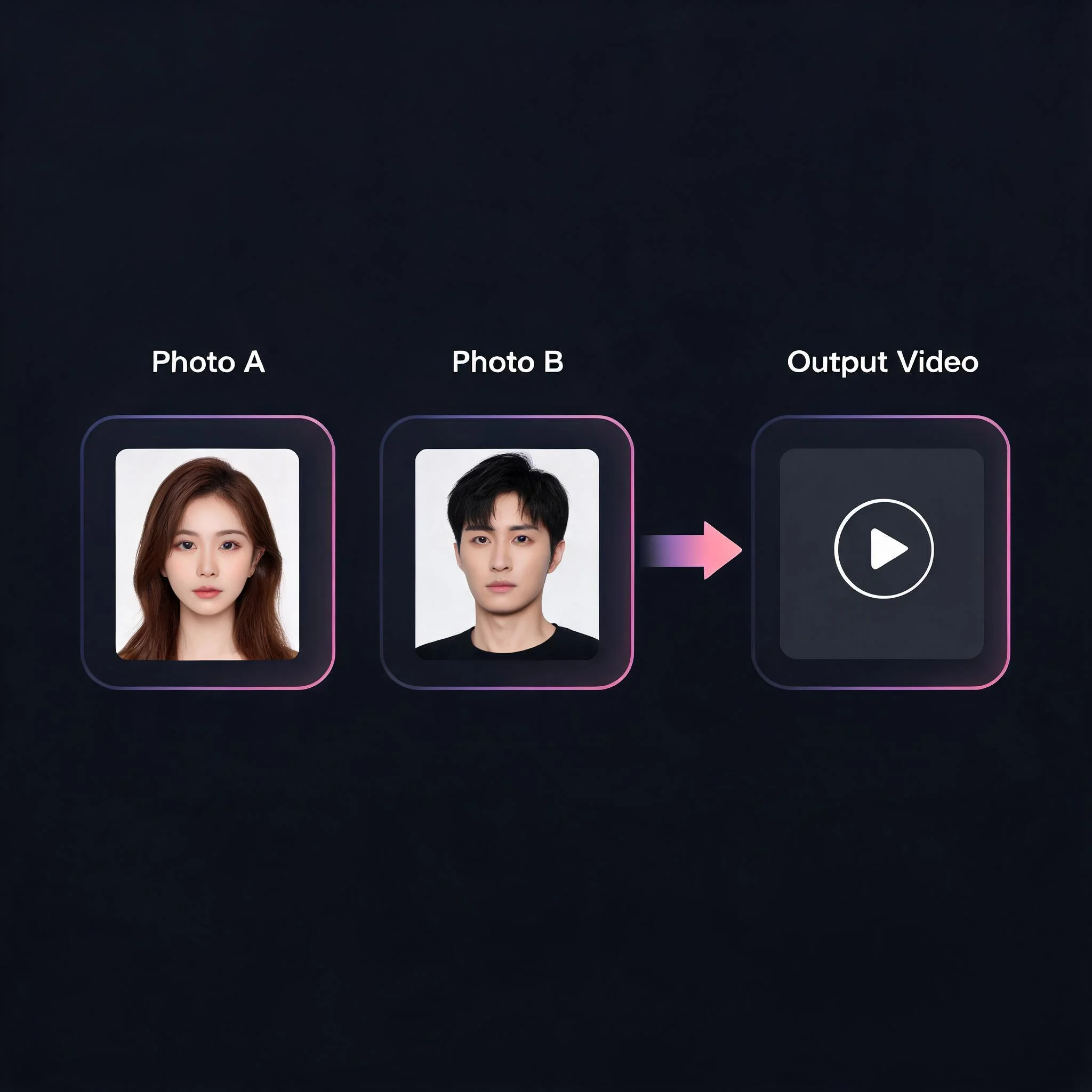 Two portrait photos transforming into a smooth AI-generated kissing video clip