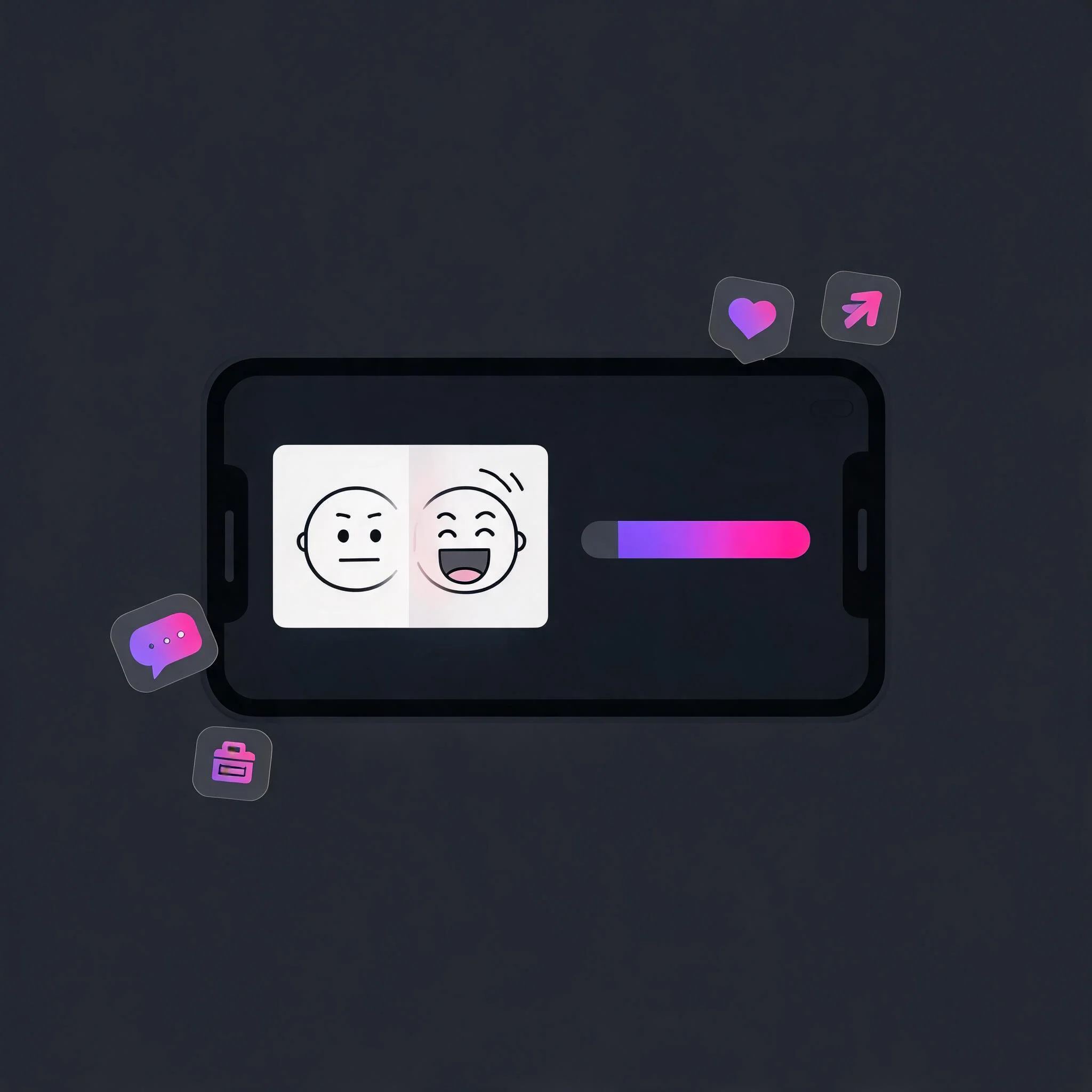 AI meme being generated on a phone, progress bar filling as a static meme morphs into a short animated video clip