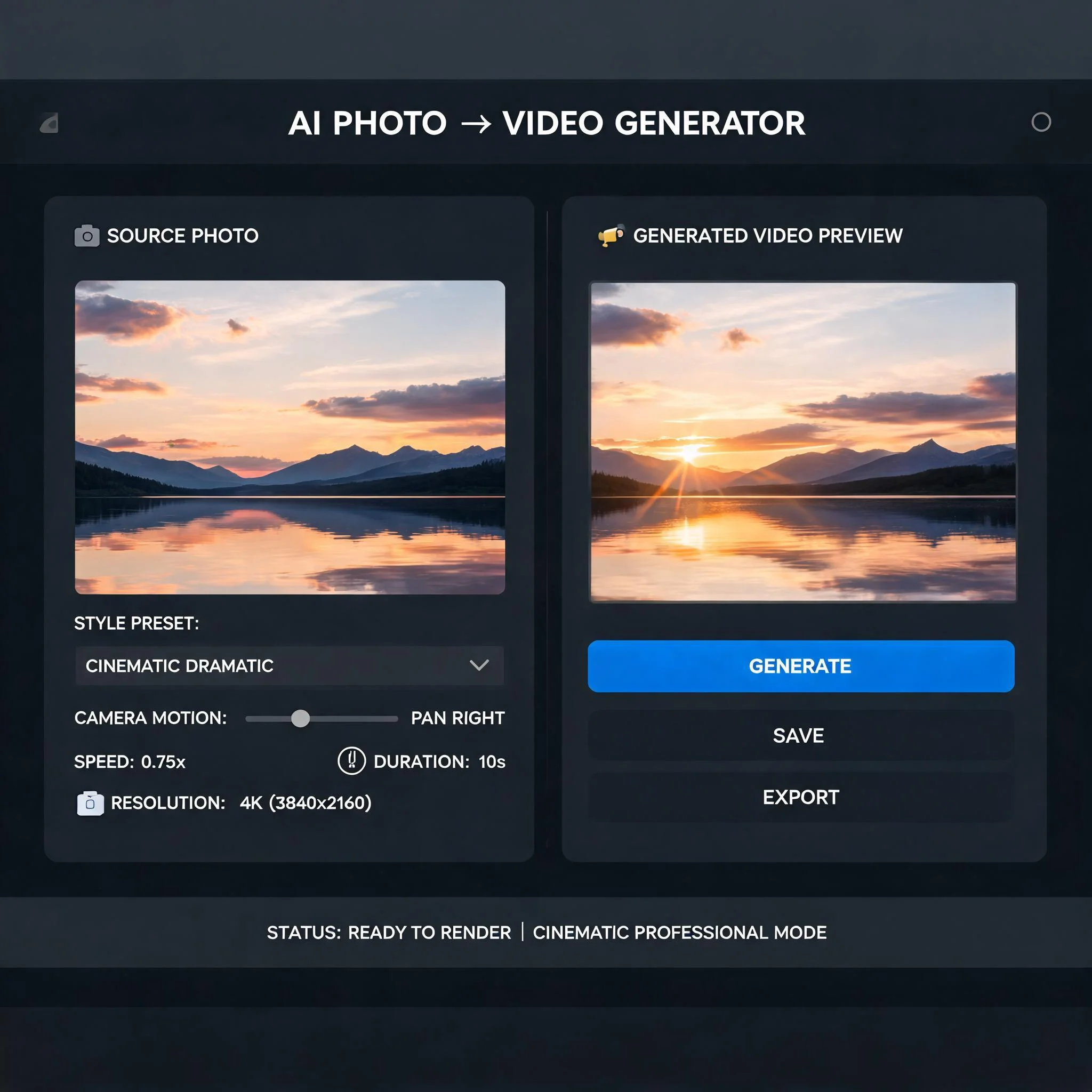 Before and after comparison: a still photo on the left, animated frames on the right
