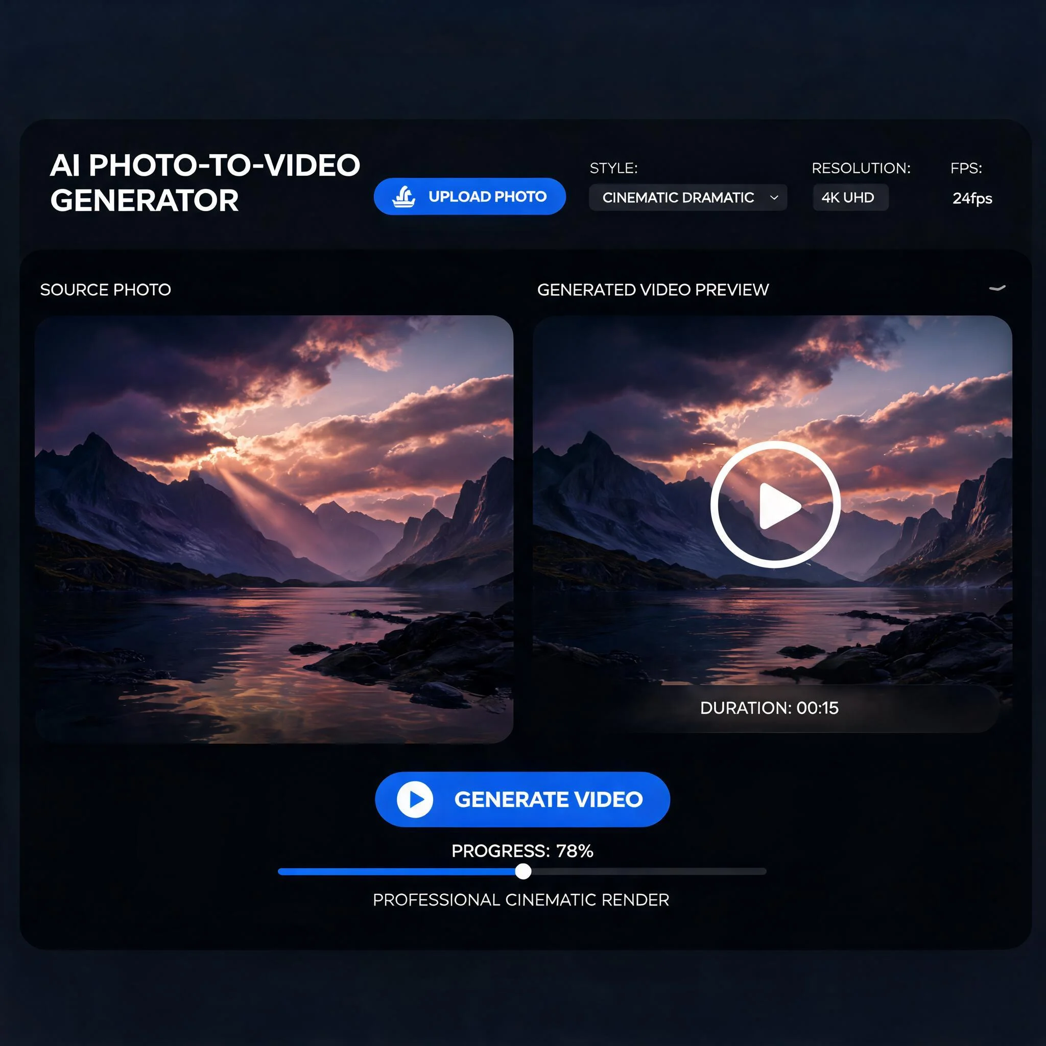 DreamUtopia interface showing a photo upload area, prompt field, and finished video preview