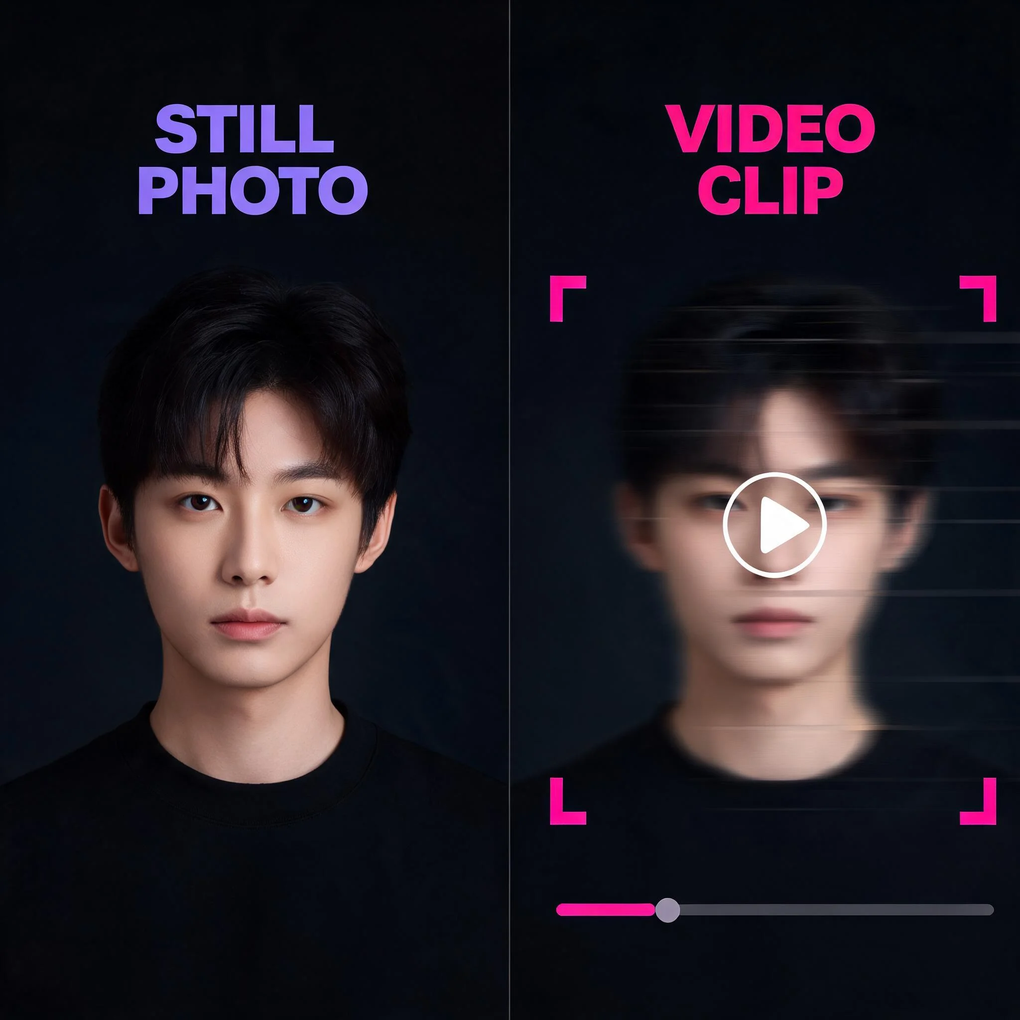 Comparison of a still photo and the same image turned into a sharp HD AI video clip