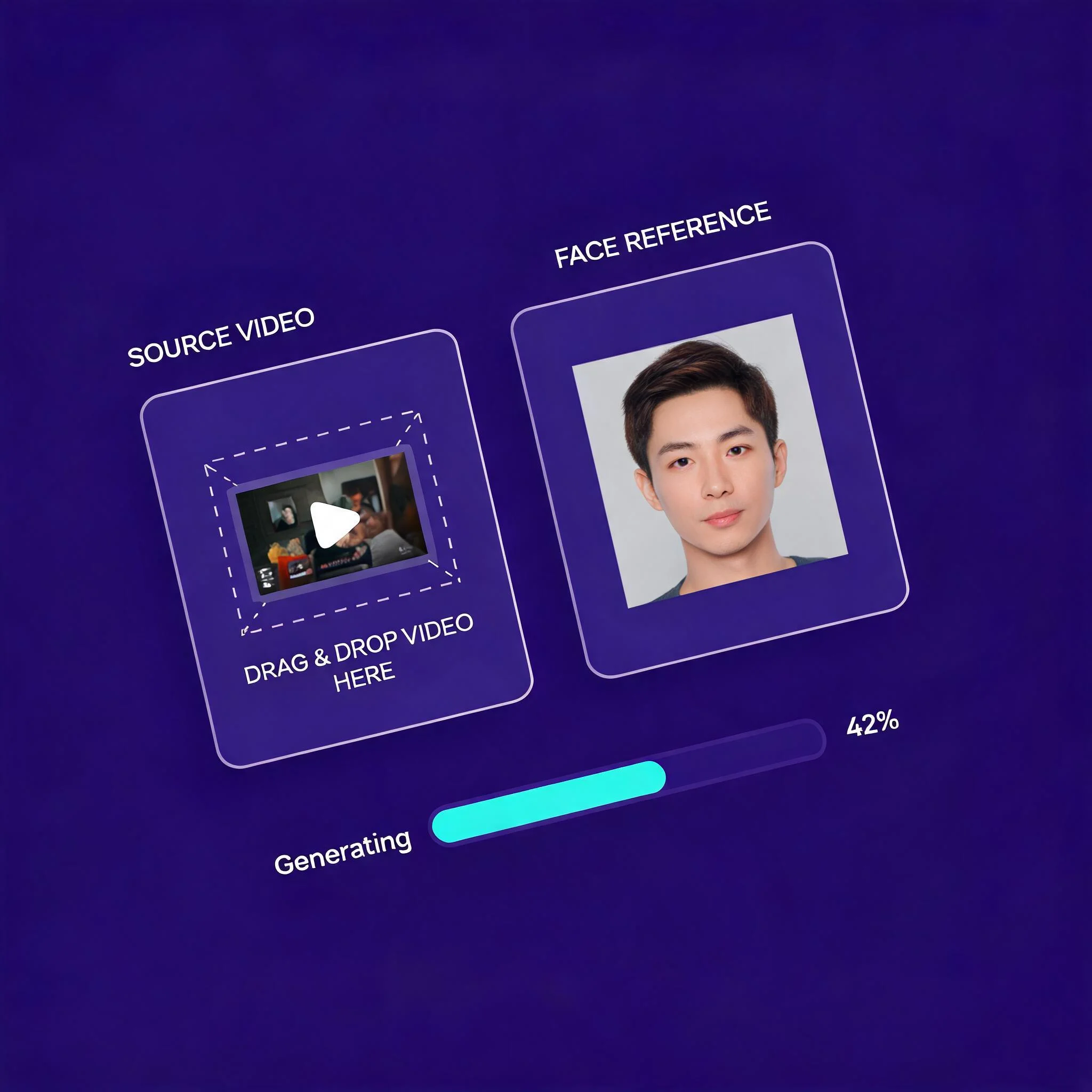 DreamUtopia video face swap workflow: upload video, drop reference face, generate