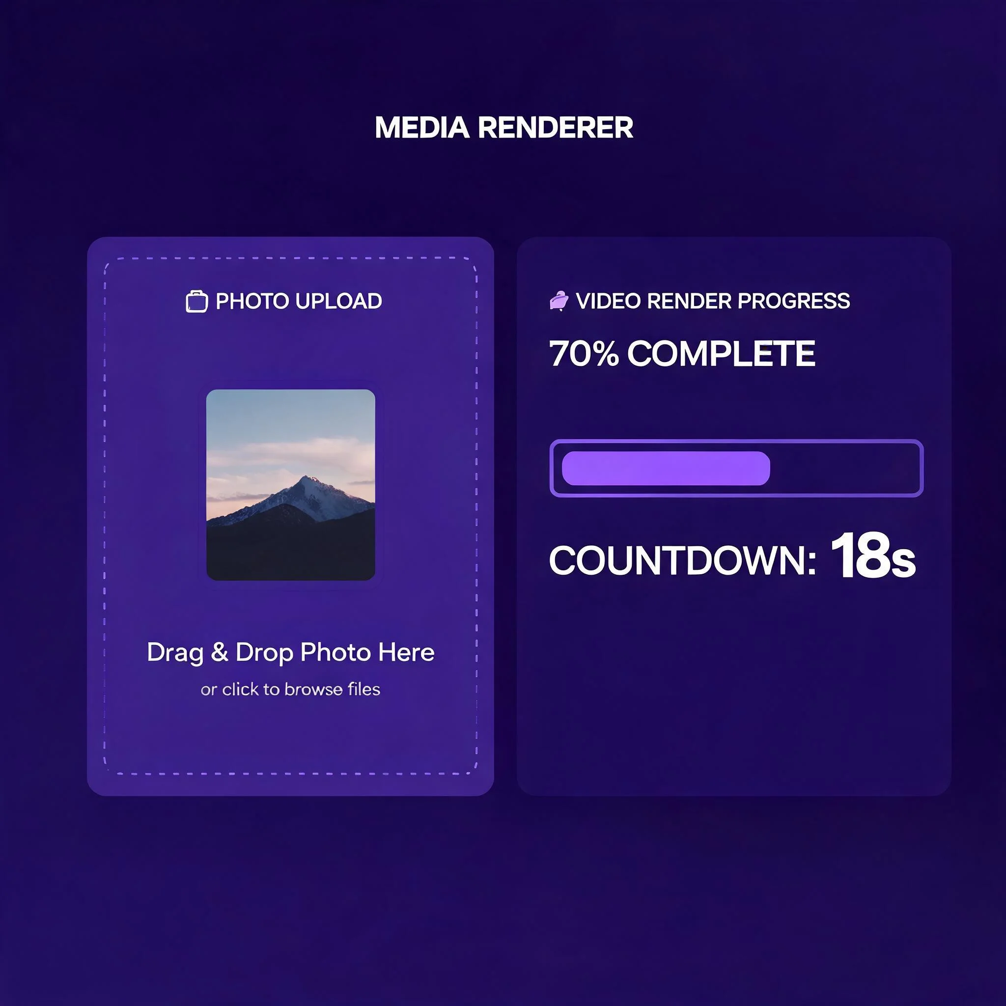 AI video generator free fast workflow: a still photo converting into a video clip with a render timer counting seconds