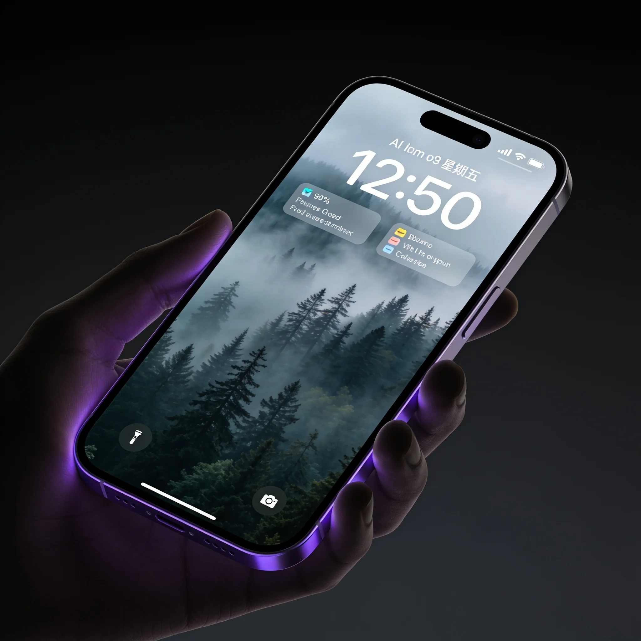 Phone lock screen showing an AI-generated misty forest wallpaper with the clock sitting in open sky