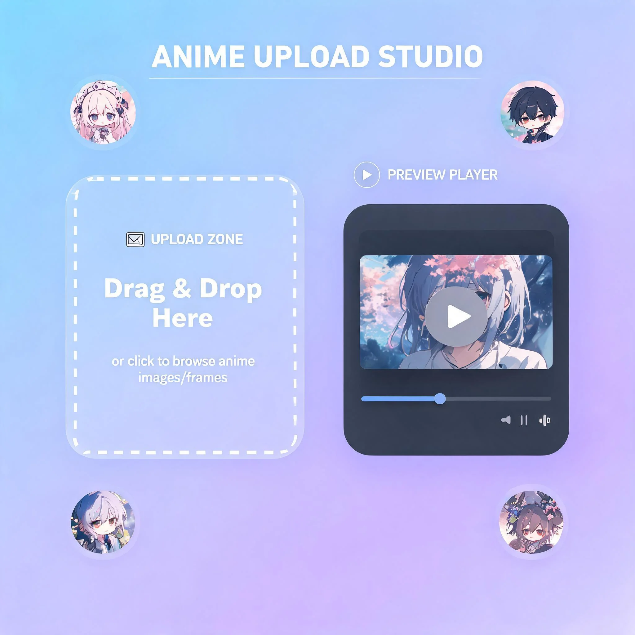 DreamUtopia interface showing an anime character being uploaded and converted to video