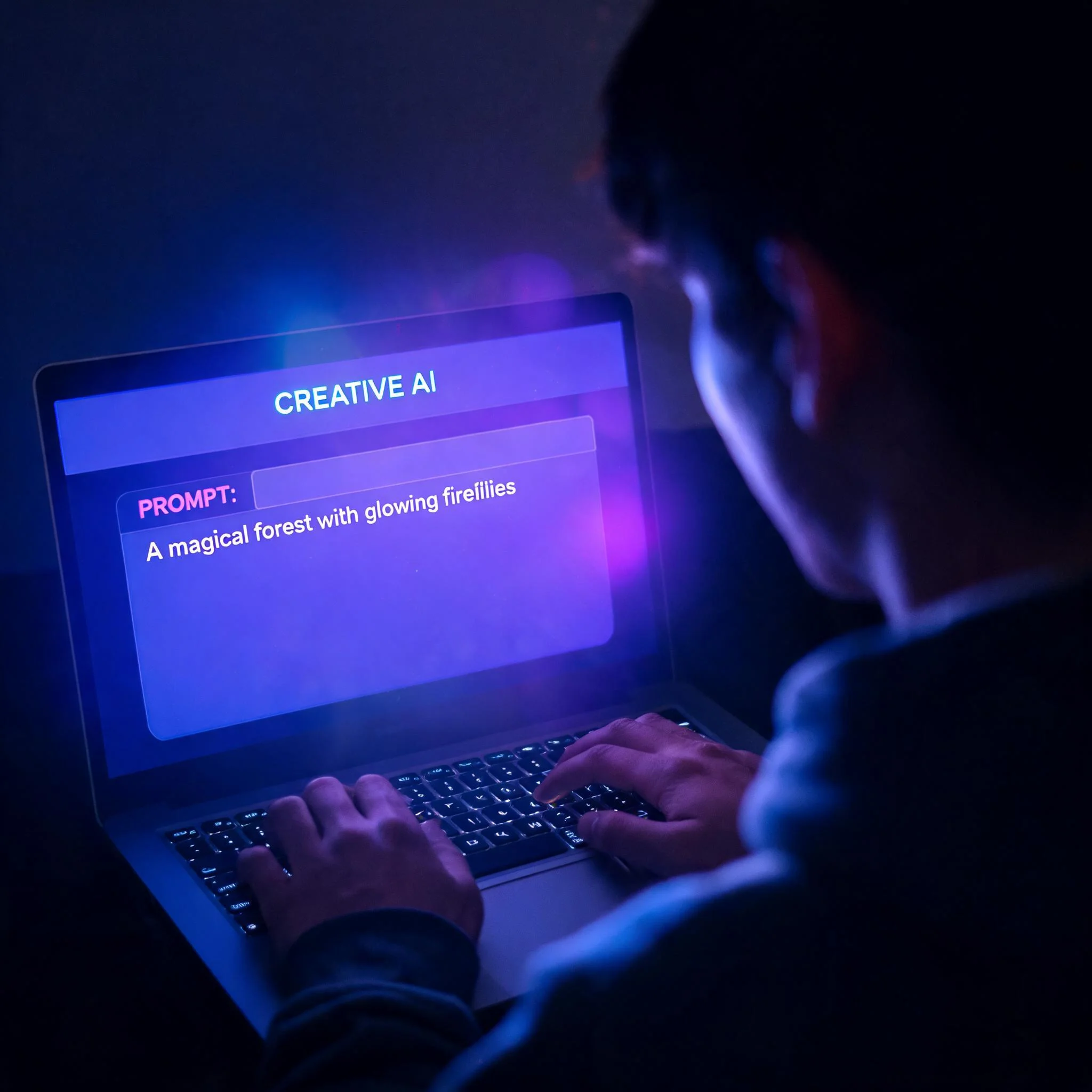 A person typing an image prompt into a creative tool on a laptop in a dark room