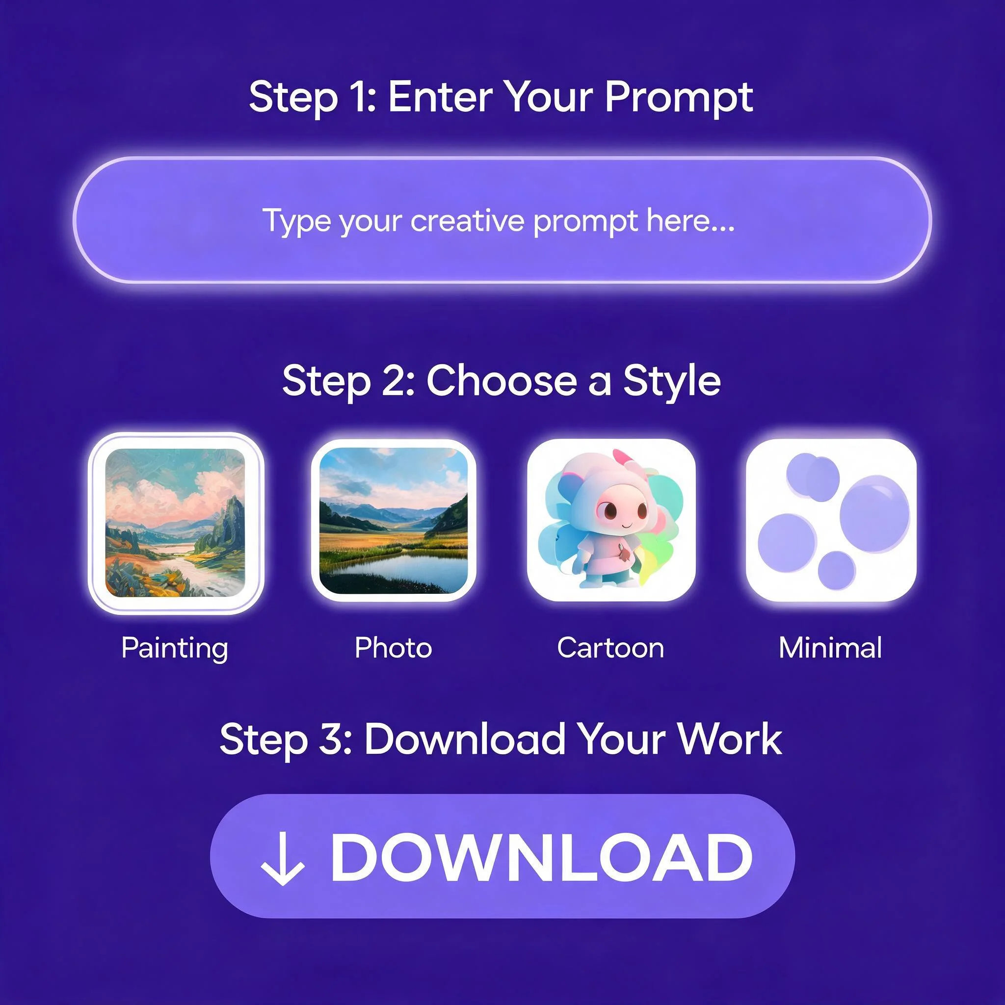 A three-step interface mockup showing a prompt box, style thumbnails and a download button