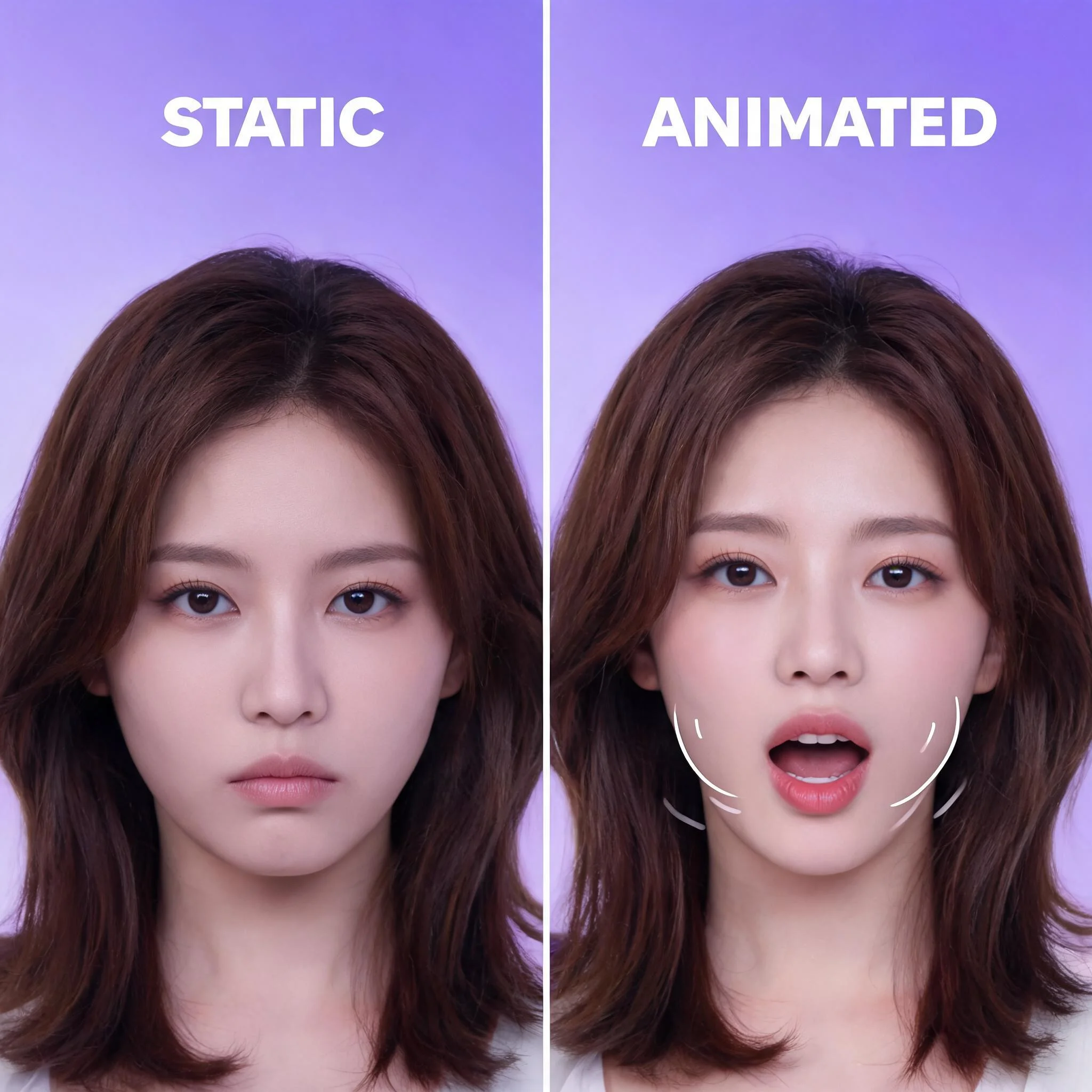 Side-by-side comparison of static portrait photo and animated talking version