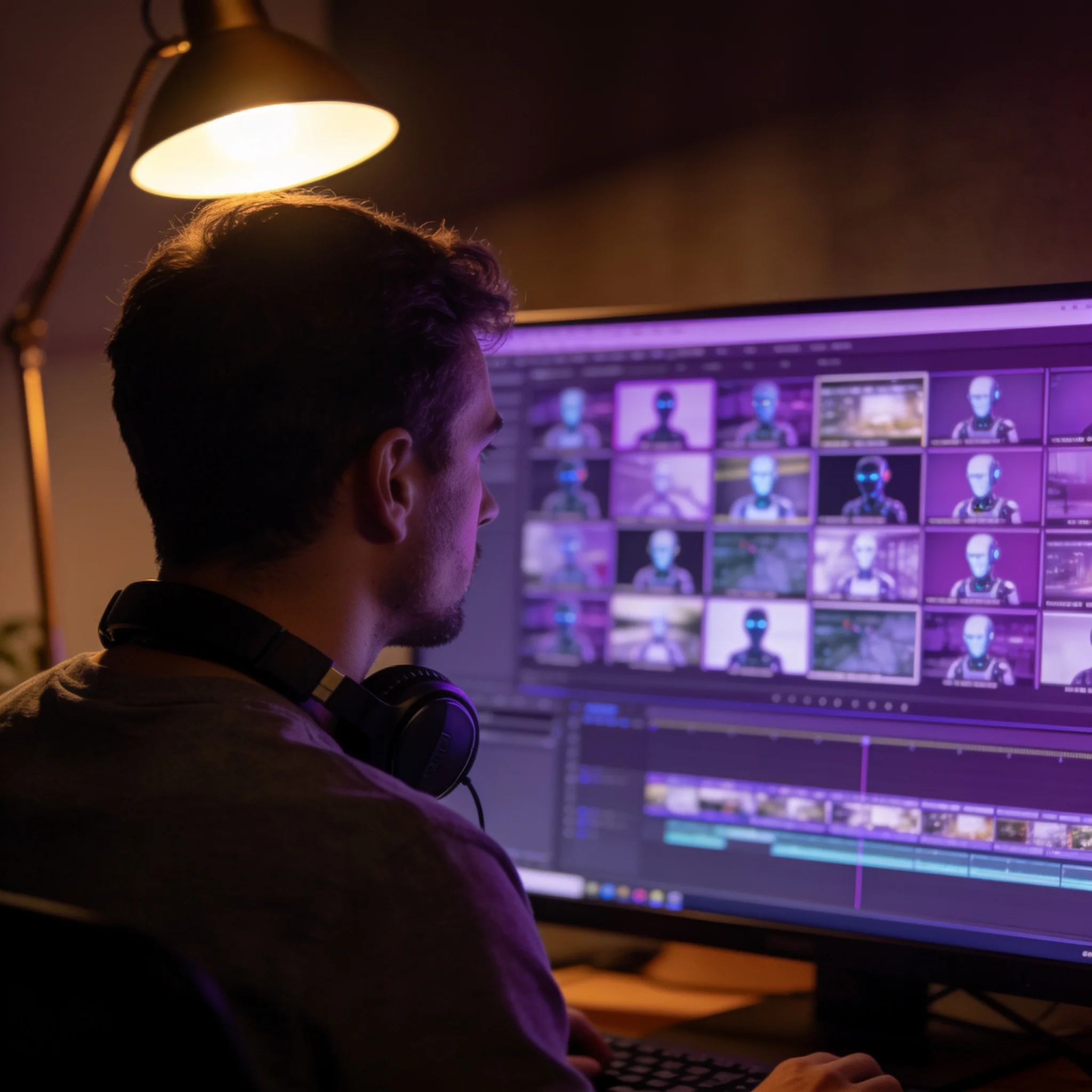 A video editor reviewing a grid of generated clips on a monitor in a dim studio