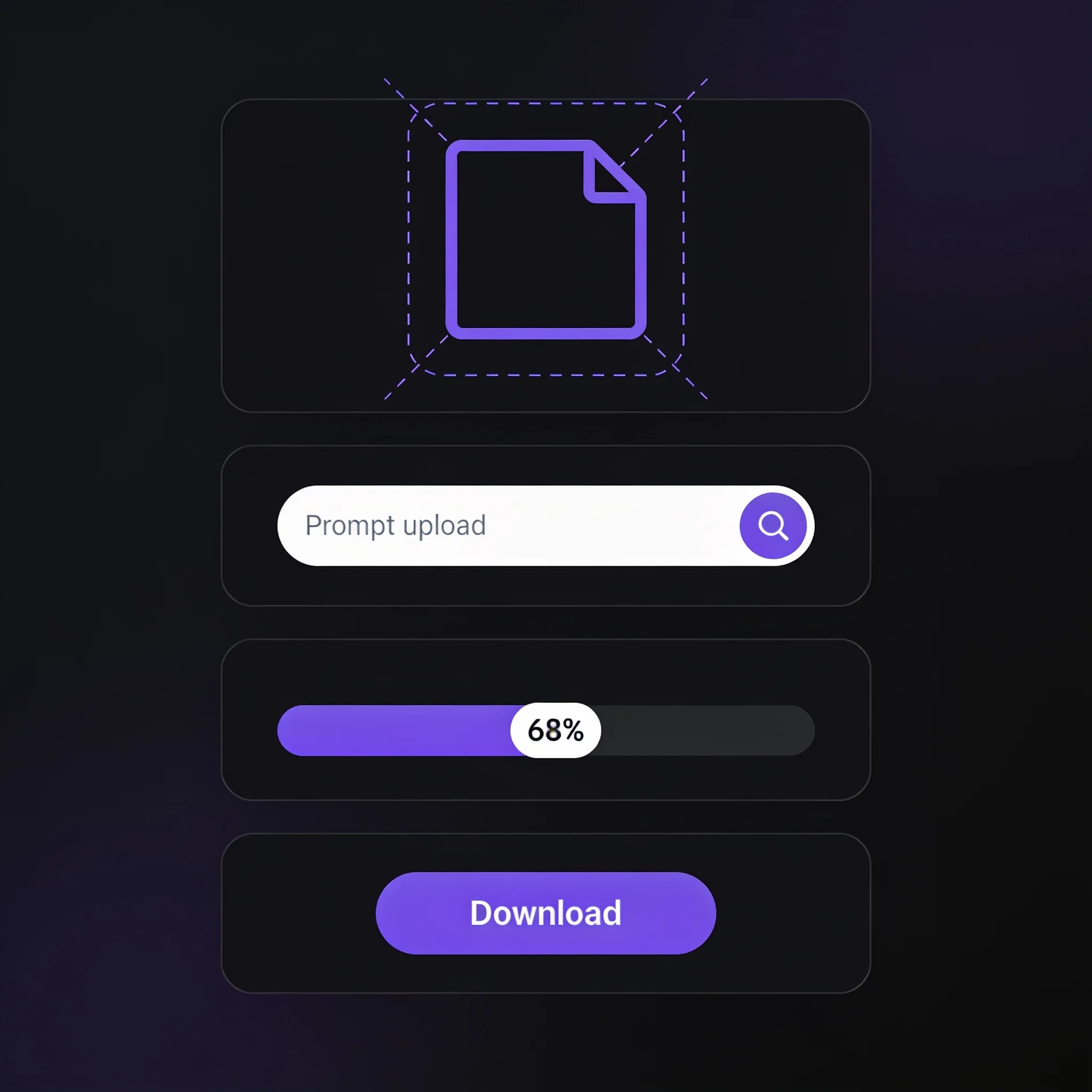 A dark-mode interface showing an upload box, a prompt field, a progress bar and a download button
