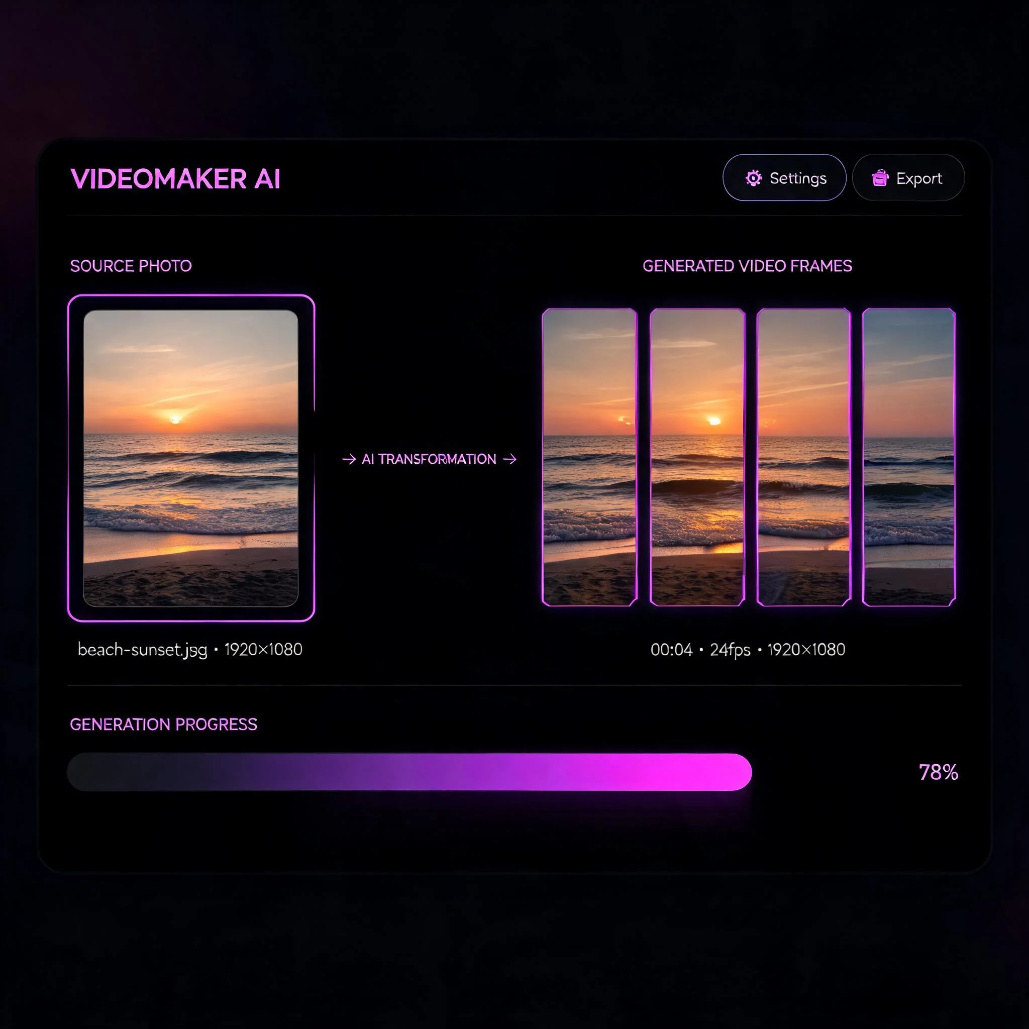 AI video generator interface turning an uploaded photo into animated video frames