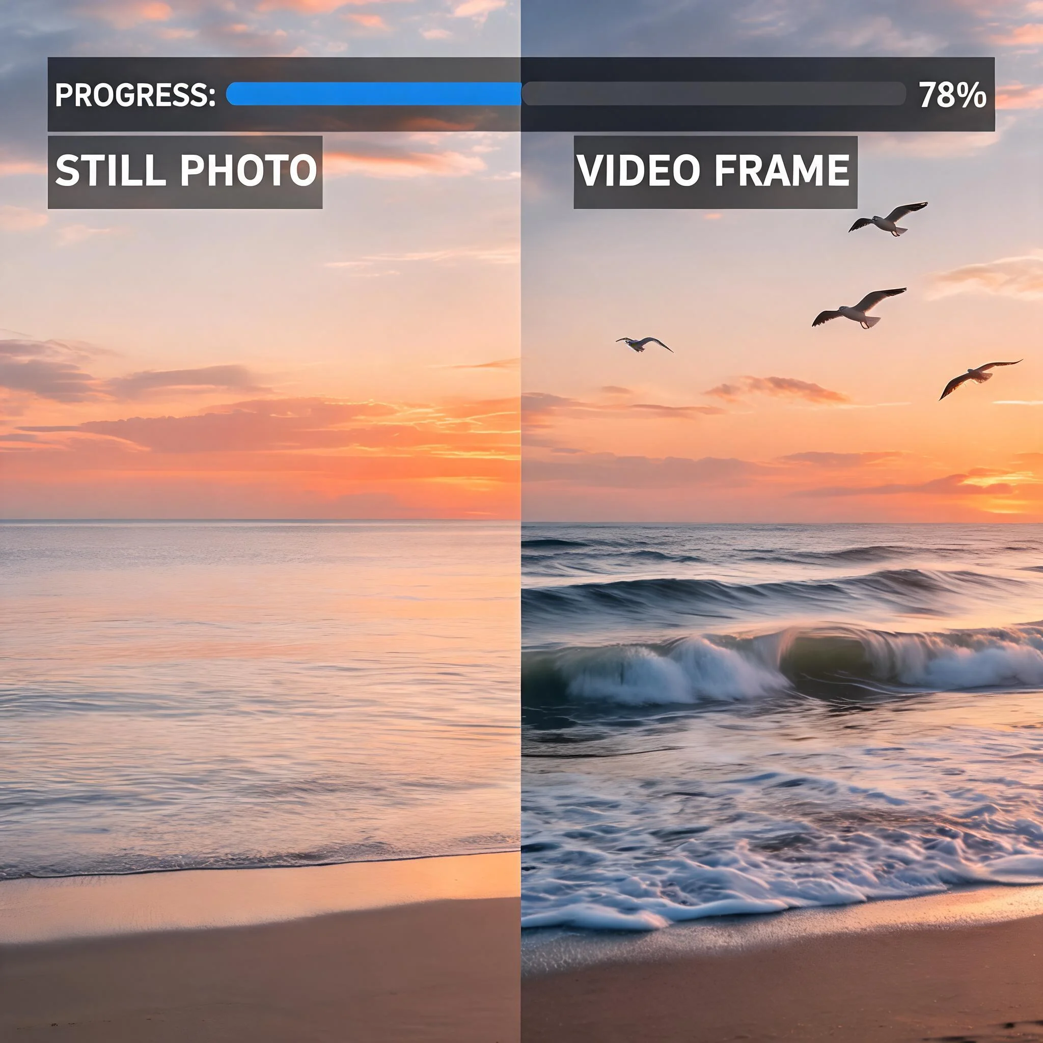 Before and after comparison showing a still photo transformed into an AI-generated video with motion effects