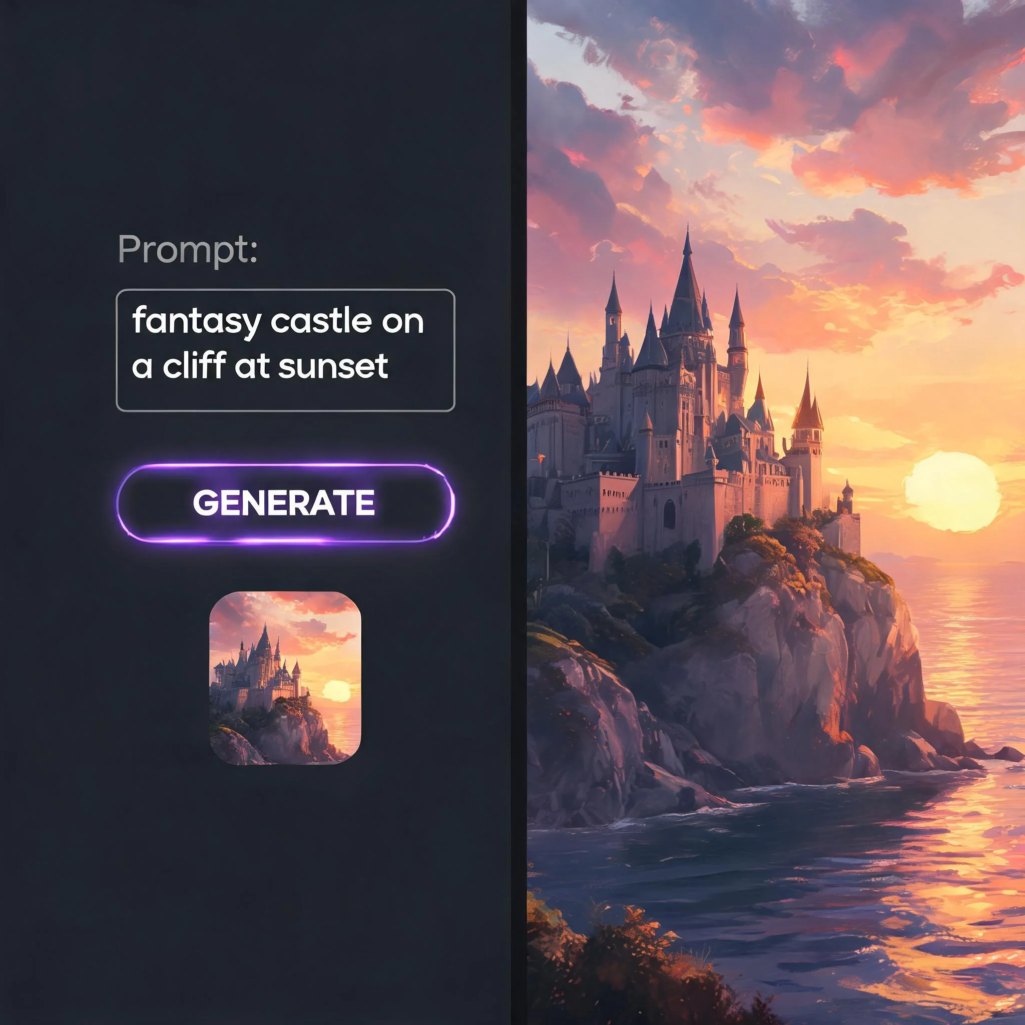 Split-screen comparison of an AI image being generated, with prompt text on the left and finished art on the right