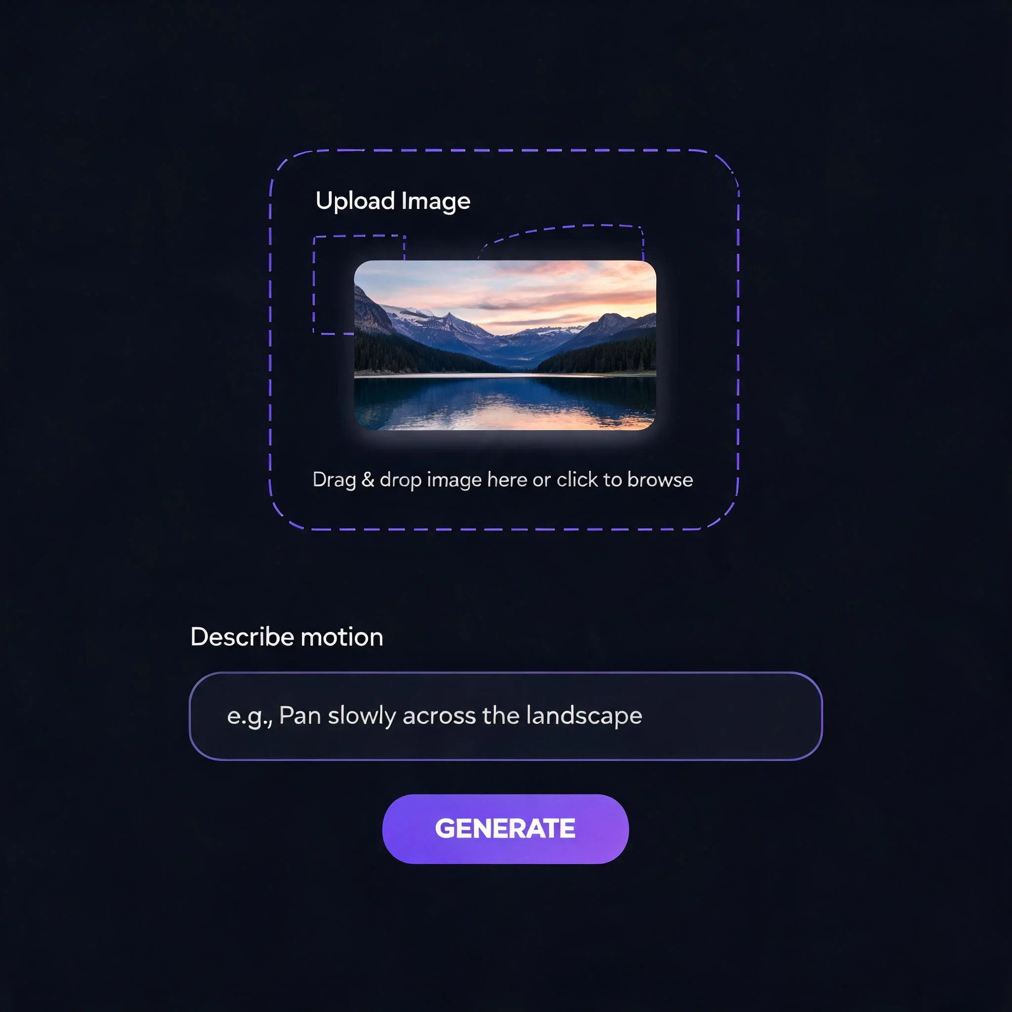 DreamUtopia image to video AI interface showing an upload dropzone and motion prompt input