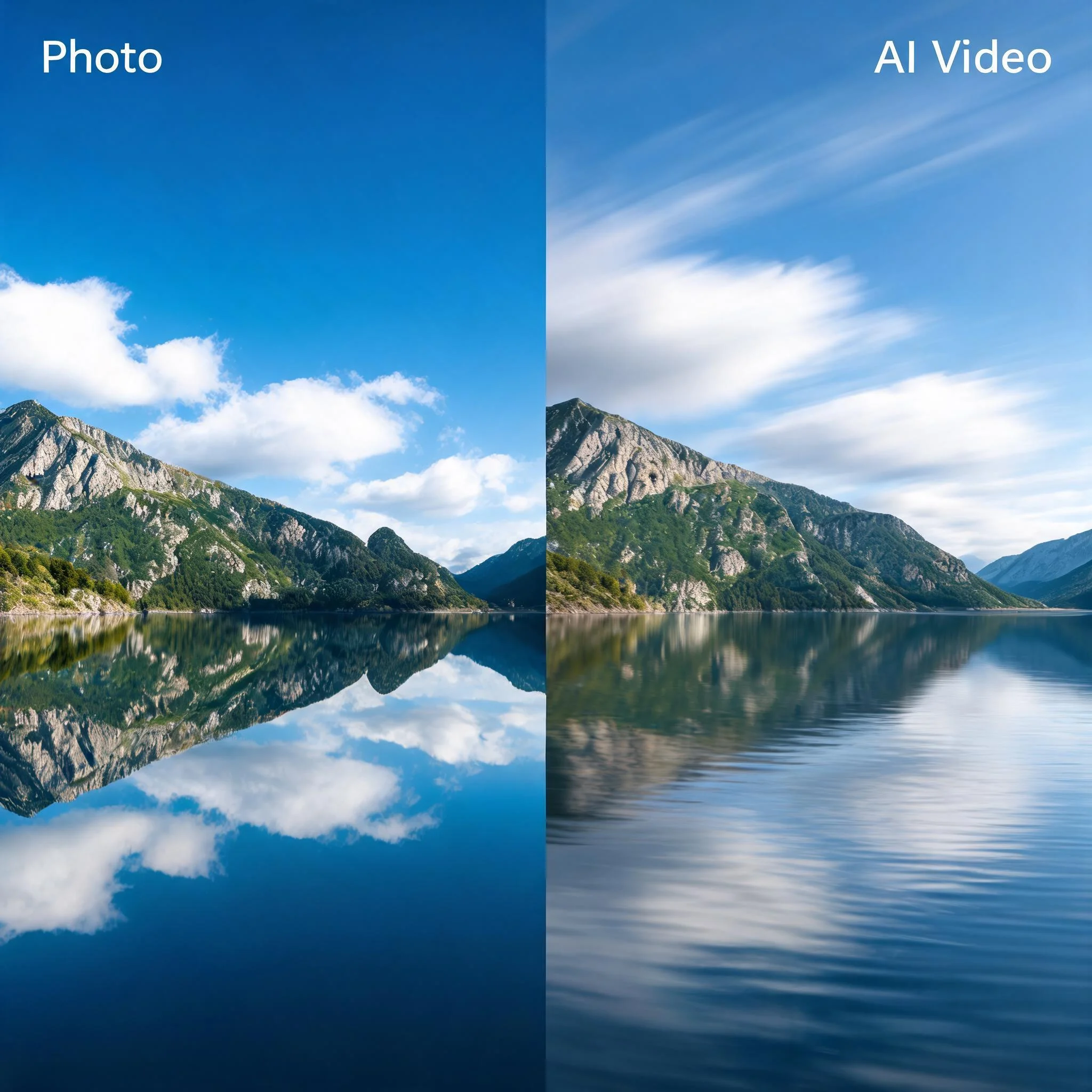 Before-and-after comparison of a still photo and the AI-generated video version