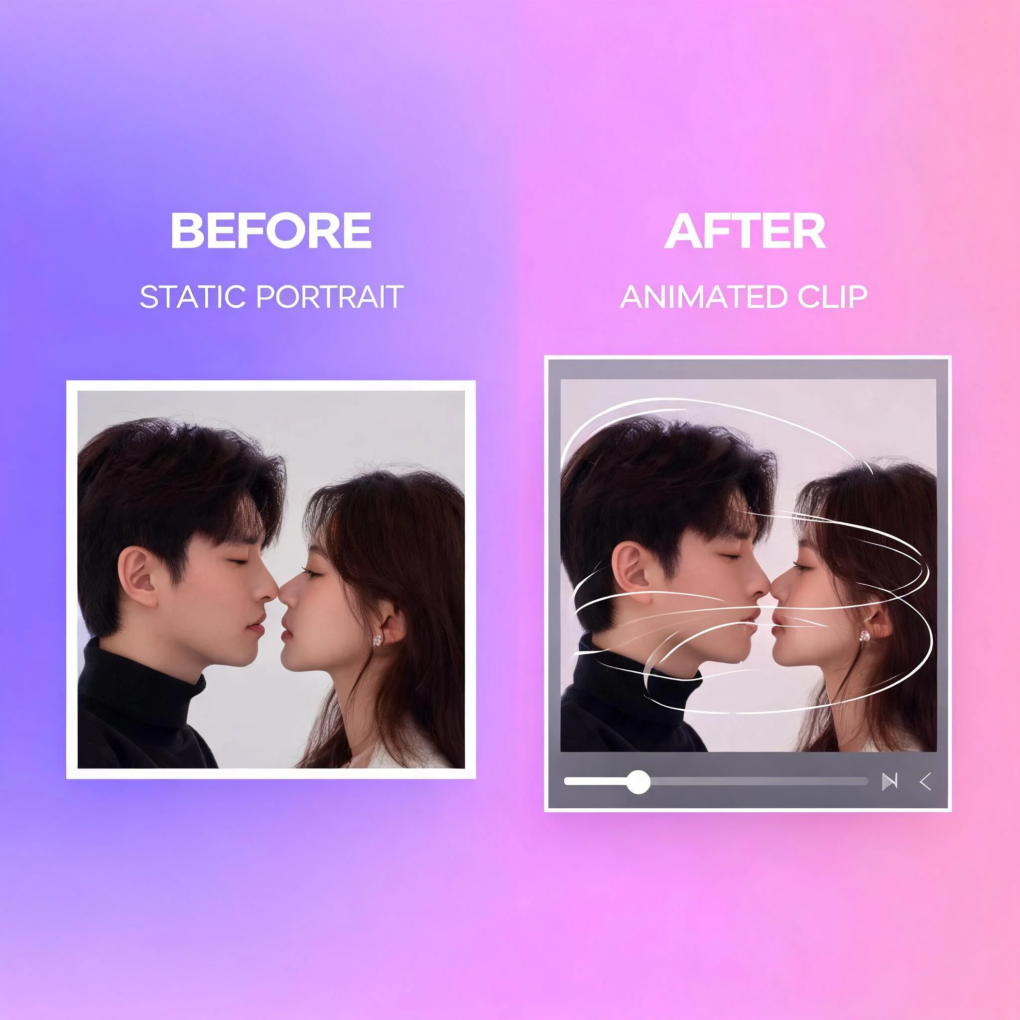 Kiss AI turning two portrait photos into a smooth AI-generated kiss video clip