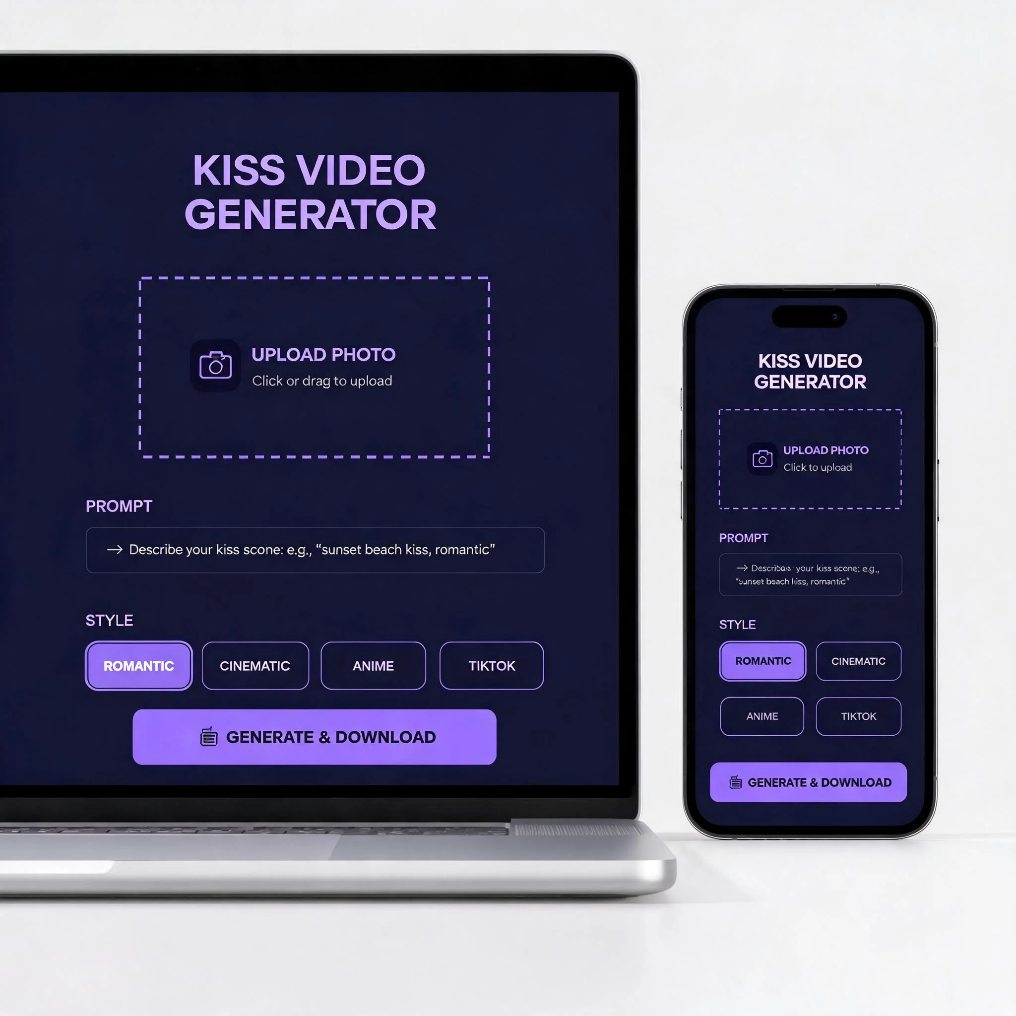 Kiss AI interface showing photo upload, prompt entry, style selection, and download