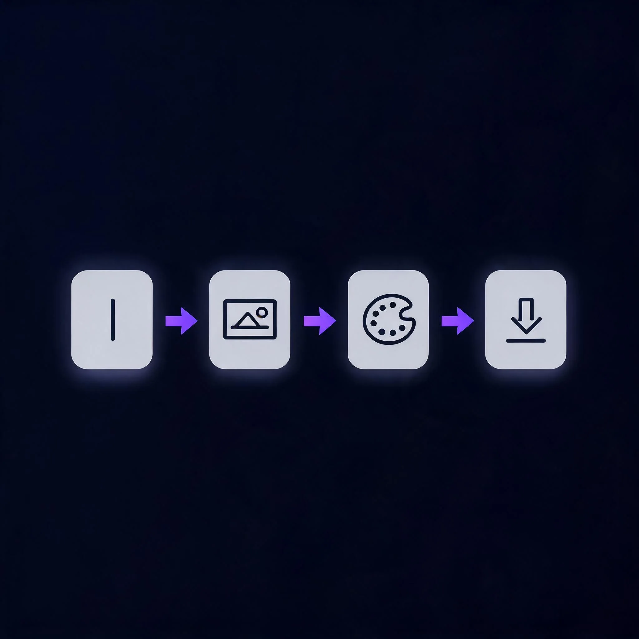 Four-step AI image generation flow: prompt entry, style selection, render progress bar, and downloaded result