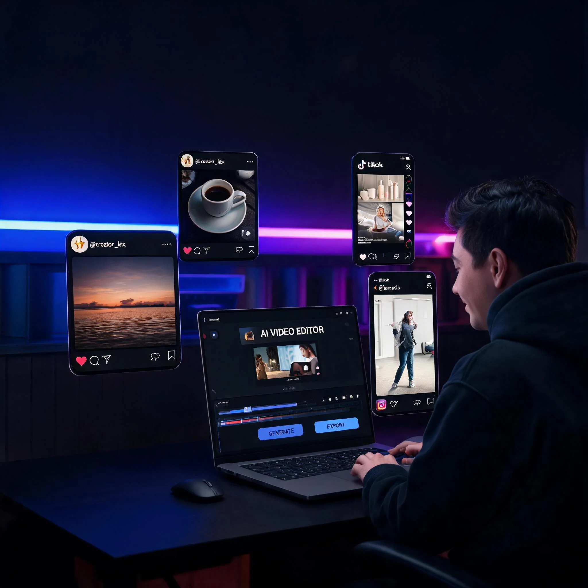 Photo upload interface showing a landscape being converted to video with AI
