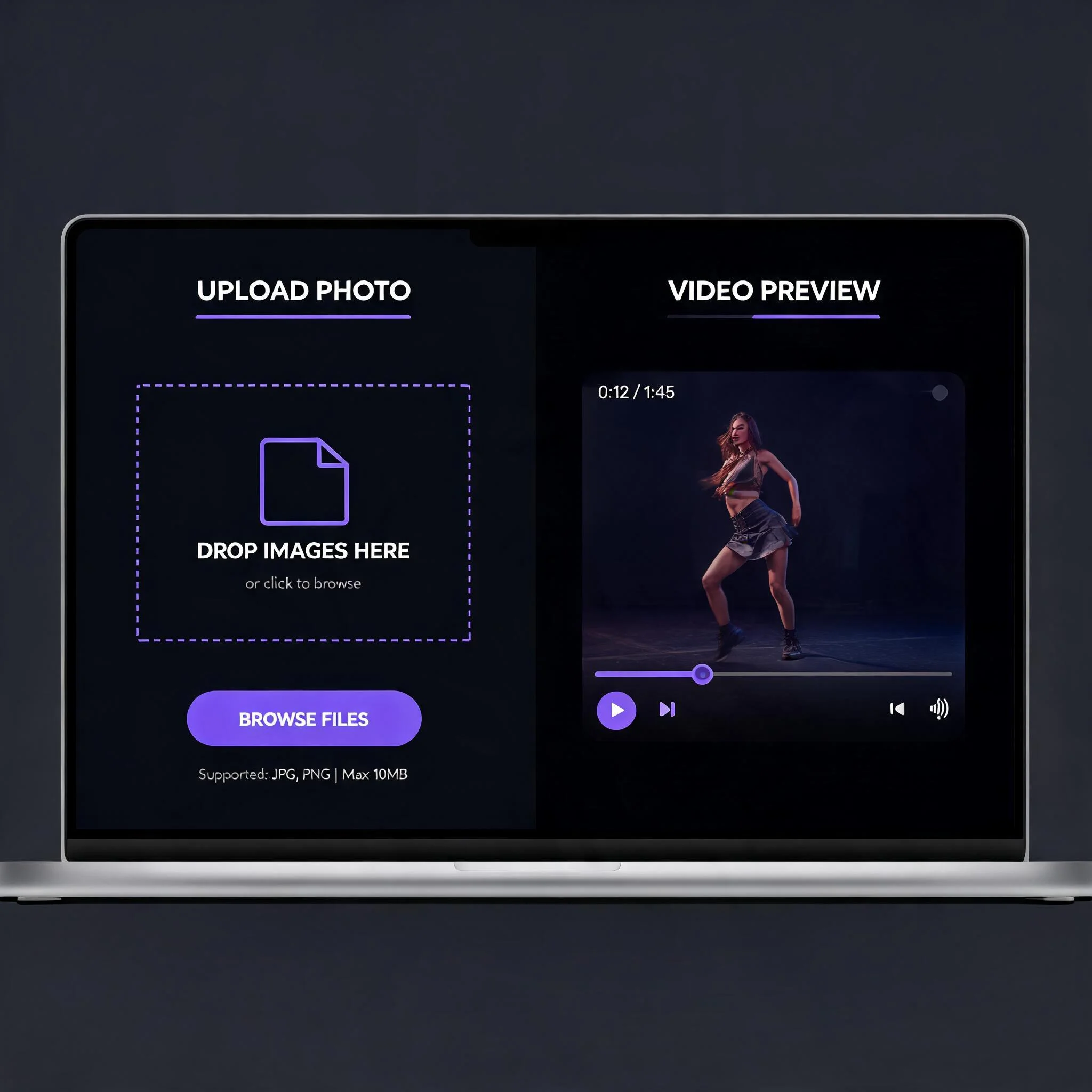 DreamUtopia interface showing photo upload and dancing video preview